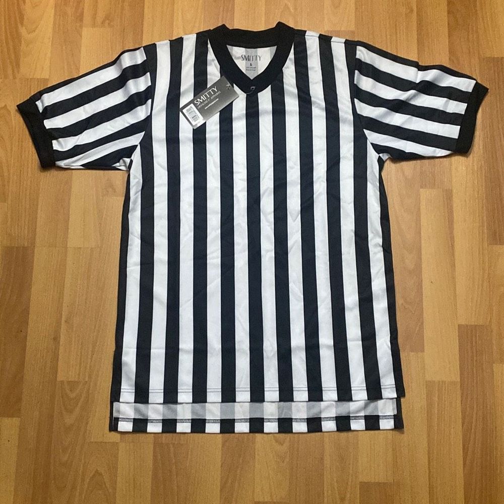 SMITTY Black & White Stripe Football Officials Short Sleeve Shirt Men Large NWT